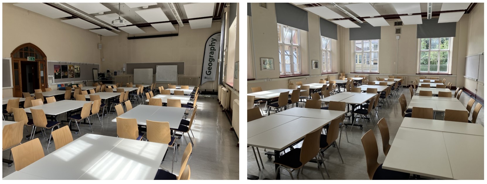 Groups of tables and chairs spaced around the room.